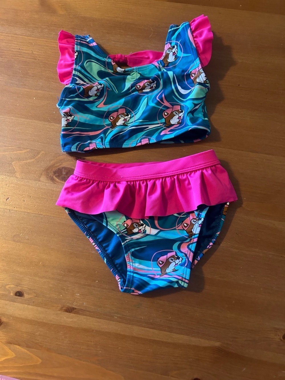 Girls Bucees Two-Piece Ruffle Bikini Swim Set - Teal & Hot Pink 2T